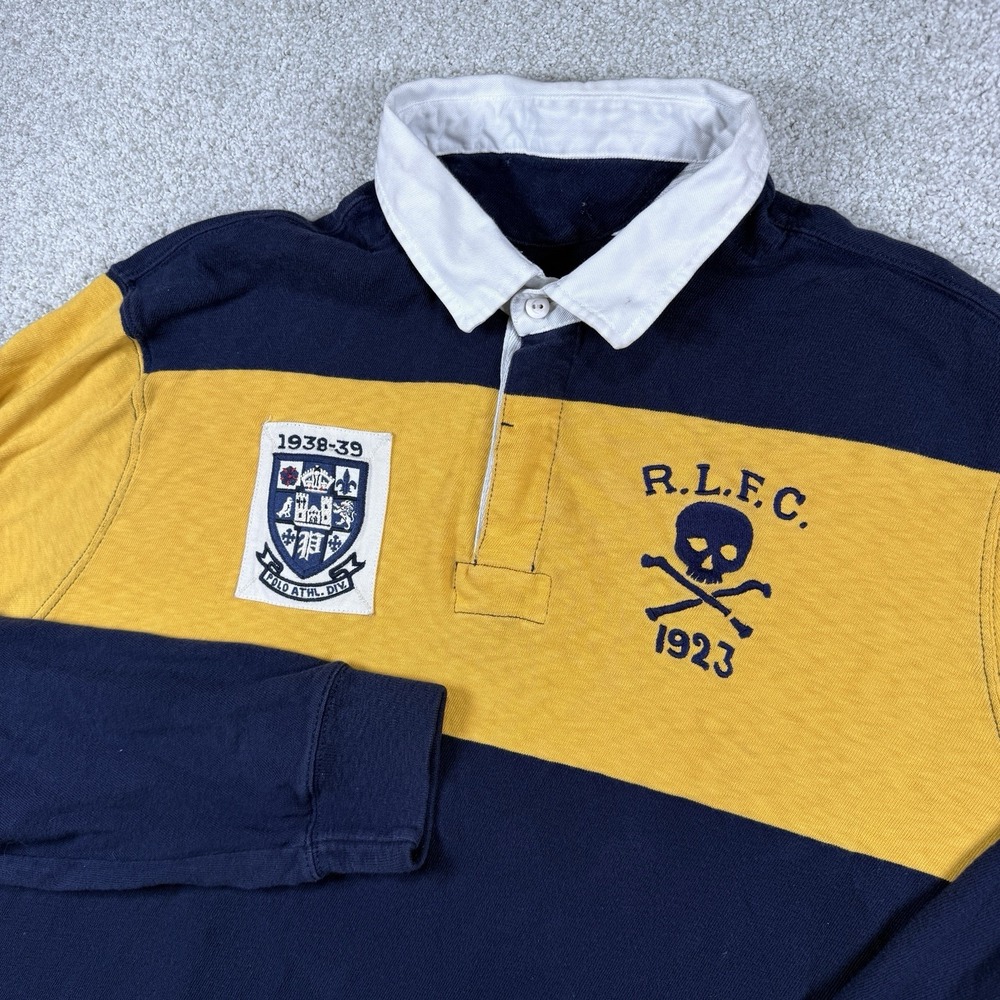 POLO RALPH LAUREN Men Classic Fit Skull Patch Rugby Shirt NAVY GOLD 2XL